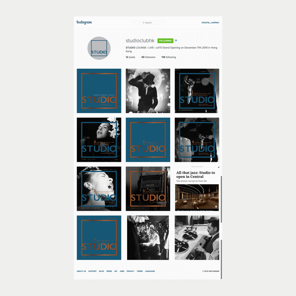 Studio Late night lounge Jazz venue in Hong Kong, custom Instagram social media graphics