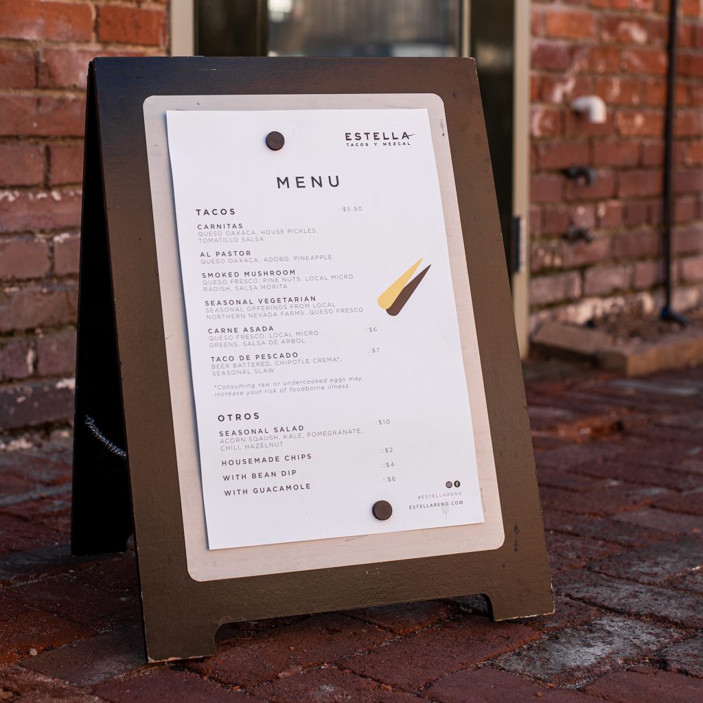 Rushton Smith - Custom Brand Design - Estella Tacos Y Mezcal Restaurant - Custom A Frame Board and Large Customisable Menu Template