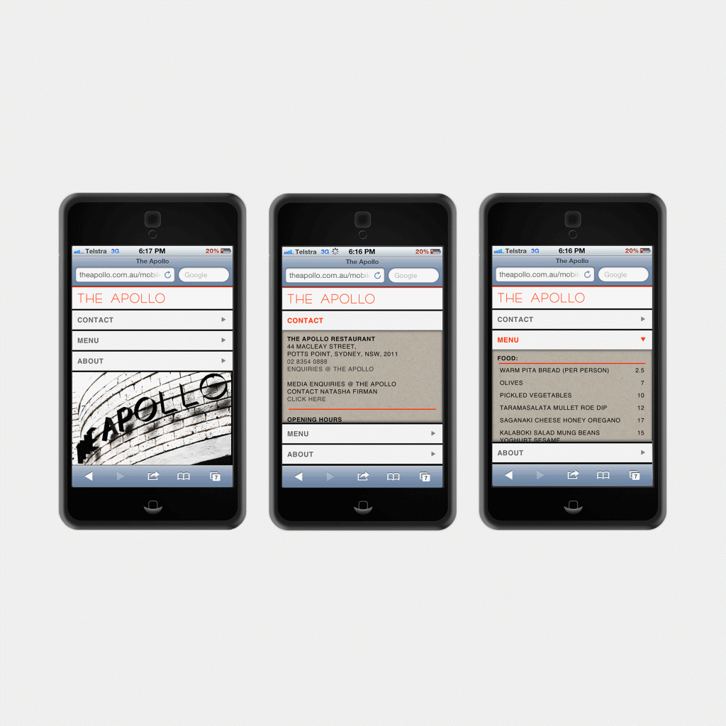 The Apollo restaurant website mobile view, reduced content