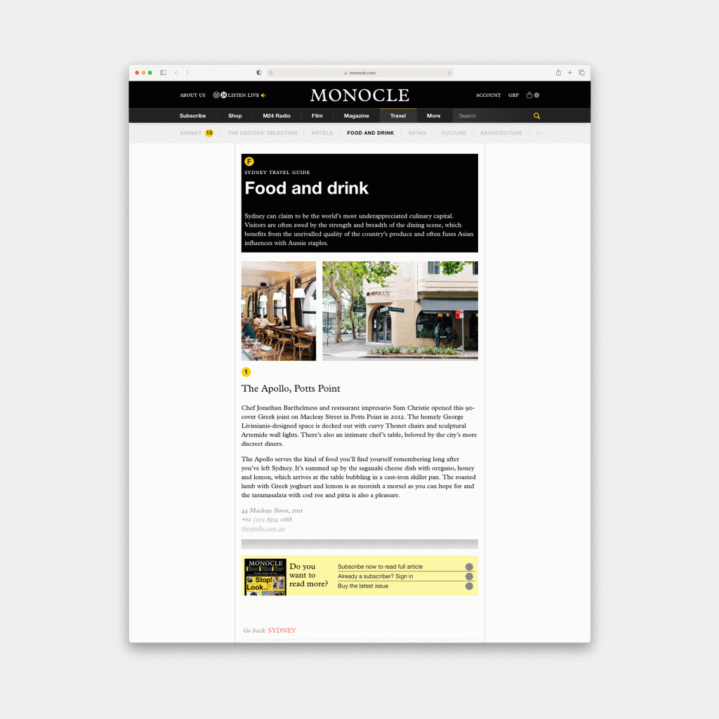 The Apollo restaurant - press - Monocle