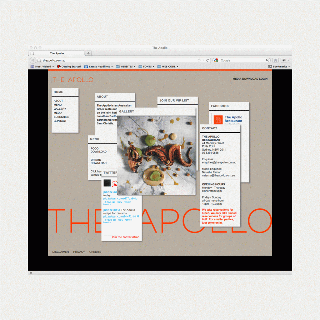 The Apollo restaurant interactive website