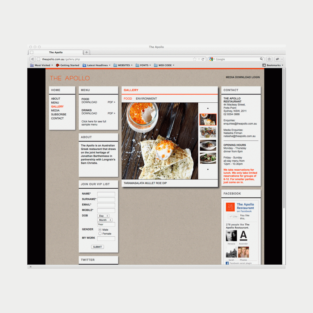 The Apollo restaurant interactive website organised view