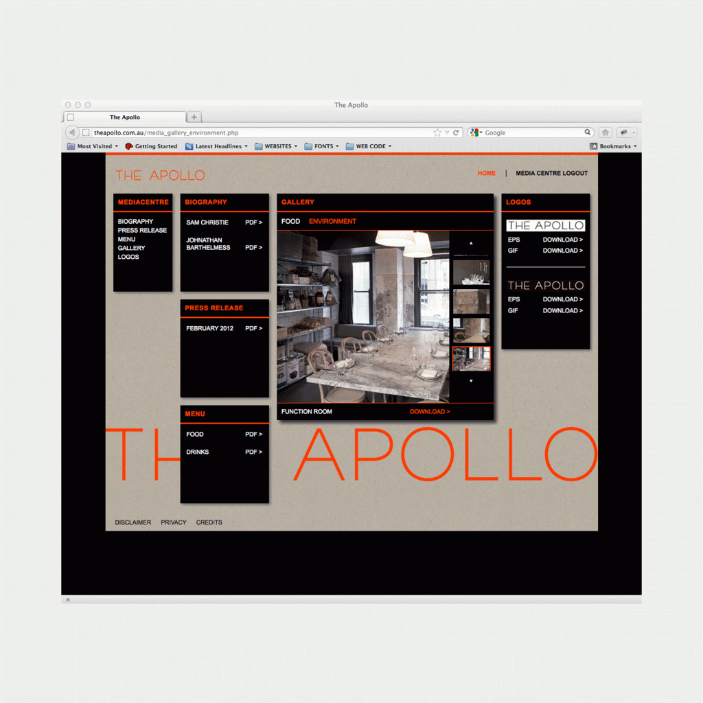 The Apollo restaurant website login section, change of pace