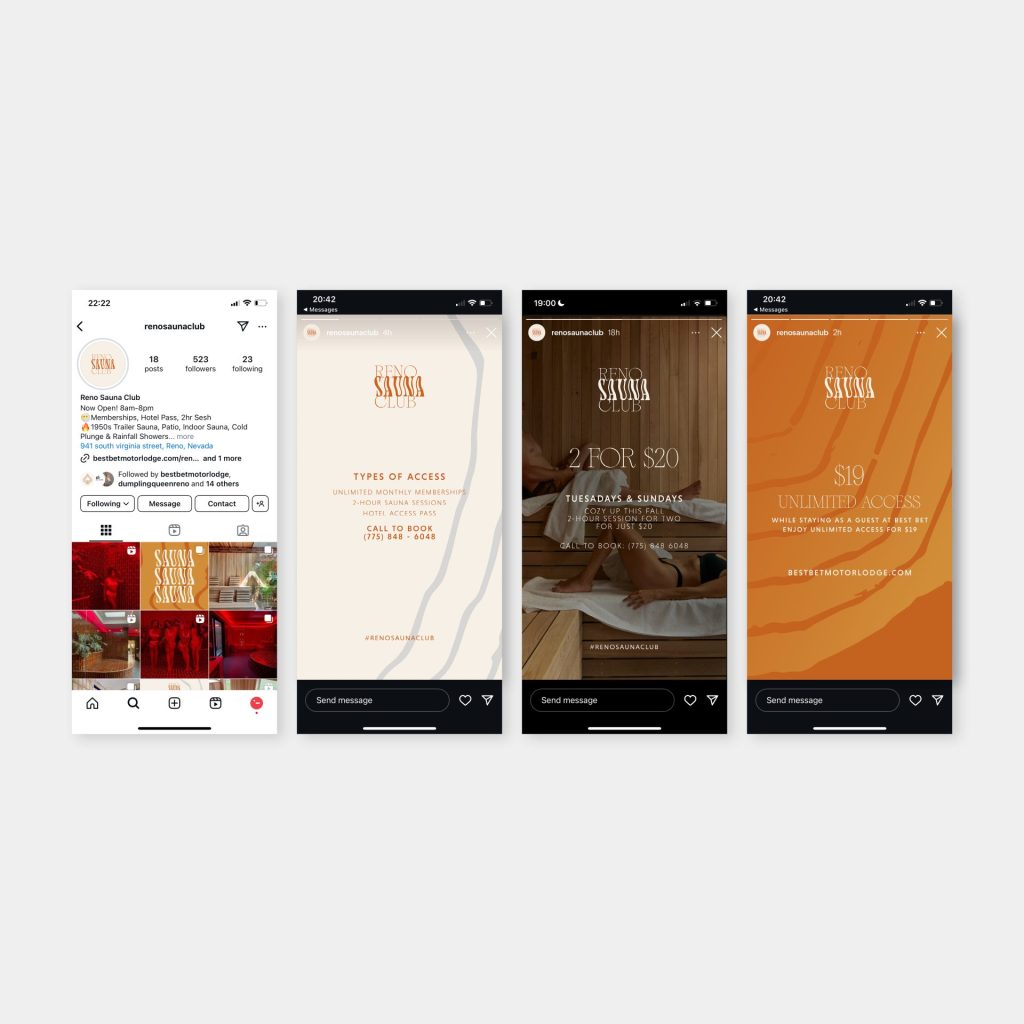 Reno Sauna Club custom branded social media Instagram stories graphics